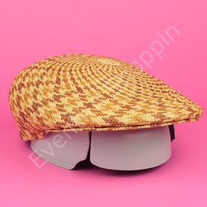 Truffaux Newsboy Hat Mens 7 1/2 Tan Multi Panama Flat Cap Straw Houndstooth